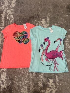 Children’s Place Girls Graphic Tees - Neon Coral Heart & Mint Flamingo